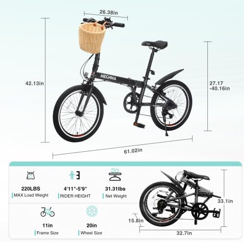 20 Inch Folding Bike for Adults with Basket, Phone Holder & Fenders, Steel Frame 6-Speed City Commuter, Dual V-Brake Portable Compact Bicycle for Men & Women