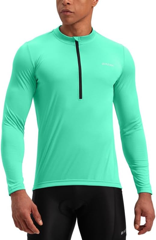 Bikewa Men's Cycling Jersey with 3+1 Rear Zipper Pockets Long Sleeve Moisture Wicking UPF 50+ Half Zip Riding Bike Shirts