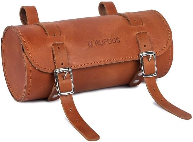M RUFOUS Genuine Leather Under Seat Handlebar Bicycle Bag - Tan, Premium Handcrafted Bicycle Bag with Brass Buckle, Leather Bag for Cell Phone (Free Waterproof Cover)