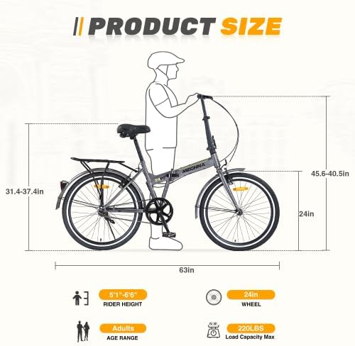 24 Inch Folding Bike for Adults with Fenders, Steel Frame Single Speed City Commuter, Dual V-Brake Portable Compact Bicycle for Men & Women