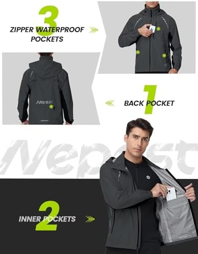 Nepest Cycling Rain Jacket Mens Waterproof Lightweight Packable Biking Windbreaker with Hood Raincoat for Running Hiking