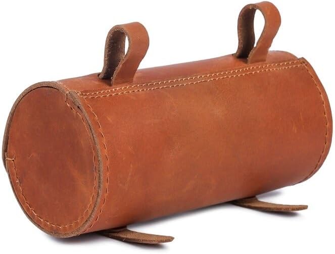 M RUFOUS Genuine Leather Under Seat Handlebar Bicycle Bag - Tan, Premium Handcrafted Bicycle Bag with Brass Buckle, Leather Bag for Cell Phone (Free Waterproof Cover)
