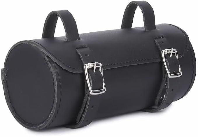 M RUFOUS Genuine Leather Under Seat Handlebar Bicycle Bag - Black/Black Stitch, Premium Handcrafted Bicycle Bag with Brass Buckle, Leather Bag for Cell Phone (Free Waterproof Cover)