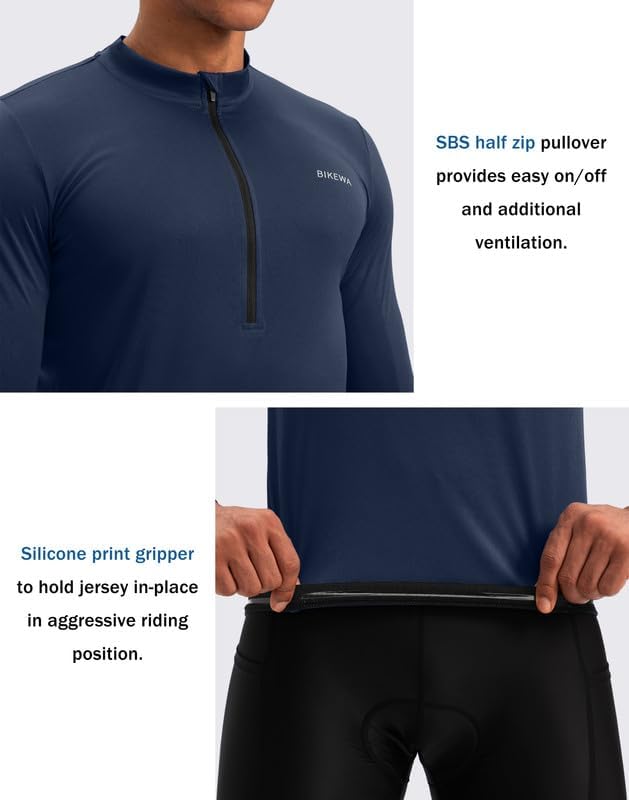 Bikewa Men's Cycling Jersey with 3+1 Rear Zipper Pockets Long Sleeve Moisture Wicking UPF 50+ Half Zip Riding Bike Shirts