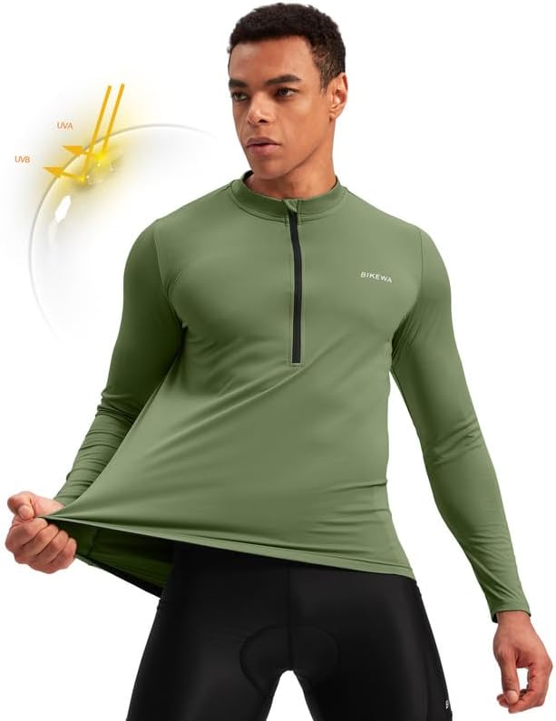 Bikewa Men's Cycling Jersey with 3+1 Rear Zipper Pockets Long Sleeve Moisture Wicking UPF 50+ Half Zip Riding Bike Shirts