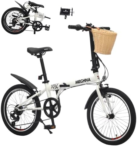 20 Inch Folding Bike for Adults with Basket, Phone Holder & Fenders, Steel Frame 6-Speed City Commuter, Dual V-Brake Portable Compact Bicycle for Men & Women