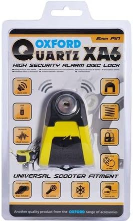 Oxford LK215 Quartz XA6 Alarm Disc Lock (6mm pin) USB Rechargeable., Yellow Black