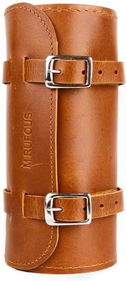 M RUFOUS Genuine Leather Under Seat Handlebar Bicycle Bag - Brown, Premium Handcrafted Bicycle Bag with Brass Buckle, Leather Bag for Cell Phone (Free Waterproof Cover)