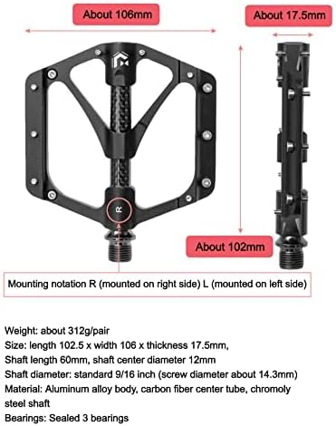 GORIX Bike Flat Pedals Wide CNC 3 Bbearings Carbon Fiber Center Tube Lightweight with Non-Slip Pin Spike Road Mountain MTB Bicycle (GX-FX356)
