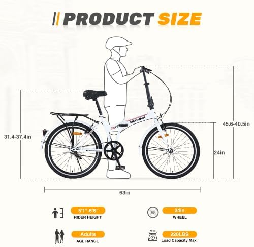 24 Inch Folding Bike for Adults with Fenders, Steel Frame Single Speed City Commuter, Dual V-Brake Portable Compact Bicycle for Men & Women