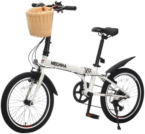 20 Inch Folding Bike for Adults with Basket, Phone Holder & Fenders, Steel Frame 6-Speed City Commuter, Dual V-Brake Portable Compact Bicycle for Men & Women