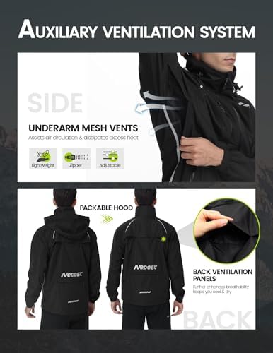 Nepest Cycling Rain Jacket Mens Waterproof Lightweight Packable Biking Windbreaker with Hood Raincoat for Running Hiking