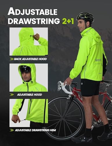Nepest Cycling Rain Jacket Mens Waterproof Lightweight Packable Biking Windbreaker with Hood Raincoat for Running Hiking