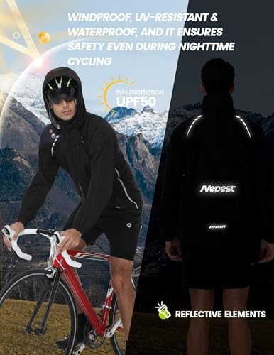 Nepest Cycling Rain Jacket Mens Waterproof Lightweight Packable Biking Windbreaker with Hood Raincoat for Running Hiking