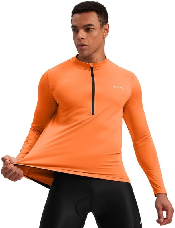 Bikewa Men's Cycling Jersey with 3+1 Rear Zipper Pockets Long Sleeve Moisture Wicking UPF 50+ Half Zip Riding Bike Shirts