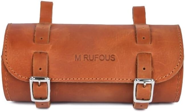 M RUFOUS Genuine Leather Under Seat Handlebar Bicycle Bag - Tan, Premium Handcrafted Bicycle Bag with Brass Buckle, Leather Bag for Cell Phone (Free Waterproof Cover)