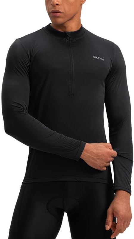 Bikewa Men's Cycling Jersey with 3+1 Rear Zipper Pockets Long Sleeve Moisture Wicking UPF 50+ Half Zip Riding Bike Shirts