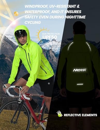 Nepest Cycling Rain Jacket Mens Waterproof Lightweight Packable Biking Windbreaker with Hood Raincoat for Running Hiking