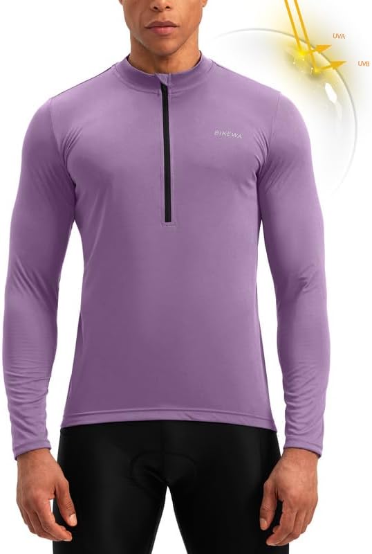 Bikewa Men's Cycling Jersey with 3+1 Rear Zipper Pockets Long Sleeve Moisture Wicking UPF 50+ Half Zip Riding Bike Shirts