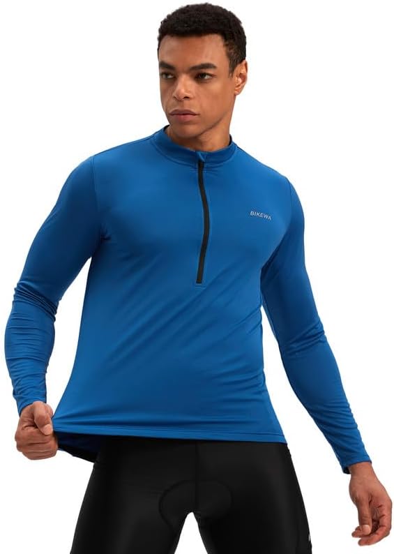 Bikewa Men's Cycling Jersey with 3+1 Rear Zipper Pockets Long Sleeve Moisture Wicking UPF 50+ Half Zip Riding Bike Shirts