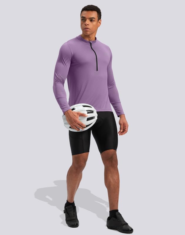 Bikewa Men's Cycling Jersey with 3+1 Rear Zipper Pockets Long Sleeve Moisture Wicking UPF 50+ Half Zip Riding Bike Shirts