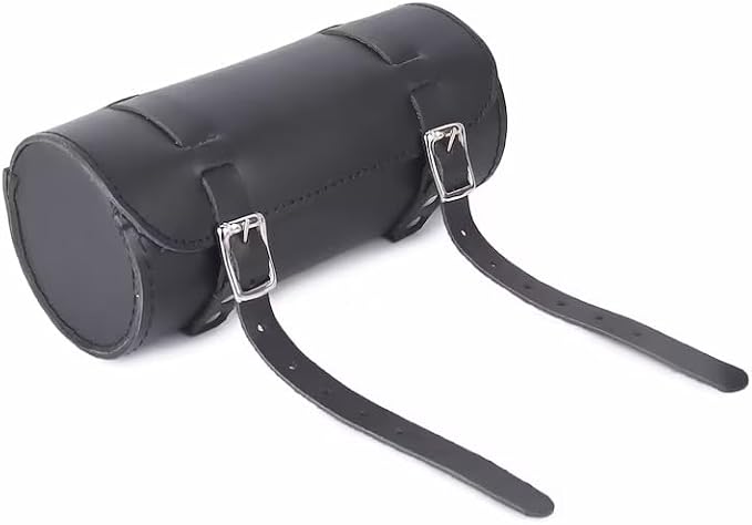 M RUFOUS Genuine Leather Under Seat Handlebar Bicycle Bag - Black/Black Stitch, Premium Handcrafted Bicycle Bag with Brass Buckle, Leather Bag for Cell Phone (Free Waterproof Cover)