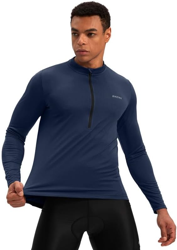 Bikewa Men's Cycling Jersey with 3+1 Rear Zipper Pockets Long Sleeve Moisture Wicking UPF 50+ Half Zip Riding Bike Shirts