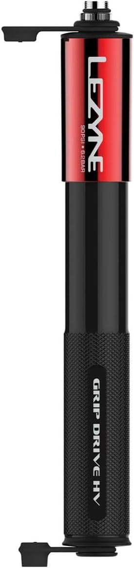 LEZYNE Grip Drive HV High Volume Bike Hand Pump | 90 PSI CNC-Machined Aluminum Mini Bicycle Pump for MTB & Gravel Tires, ABS Flex Hose, Presta & Schrader Compatible, Frame Mount Included
