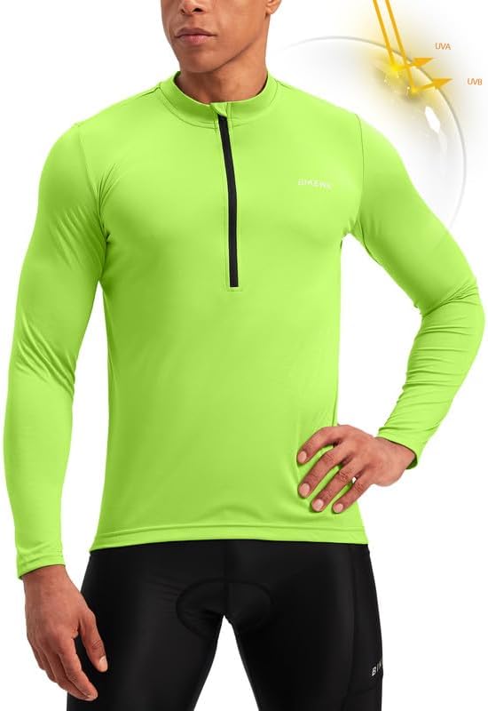 Bikewa Men's Cycling Jersey with 3+1 Rear Zipper Pockets Long Sleeve Moisture Wicking UPF 50+ Half Zip Riding Bike Shirts