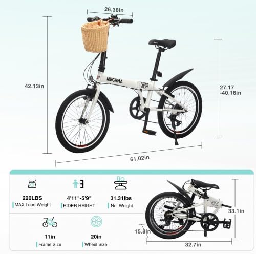20 Inch Folding Bike for Adults with Basket, Phone Holder & Fenders, Steel Frame 6-Speed City Commuter, Dual V-Brake Portable Compact Bicycle for Men & Women