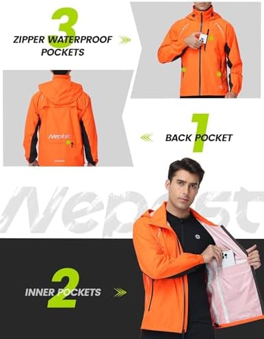 Nepest Cycling Rain Jacket Mens Waterproof Lightweight Packable Biking Windbreaker with Hood Raincoat for Running Hiking