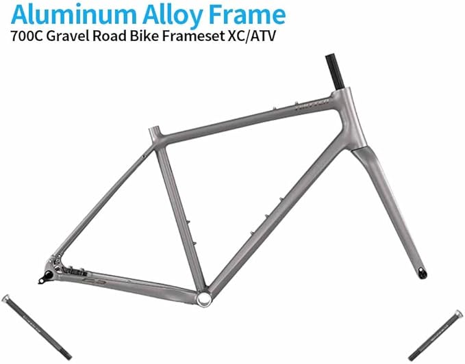 700C Gravel Road Bike Frameset 45cm 48cm 51cm 54cm Aluminum Alloy Disc Brake Frame F12*100MM R12*142mm Thru-Axle Frame with Carbon Fiber Fork BSA BB68mm XC/ATV(Gray,51cm)