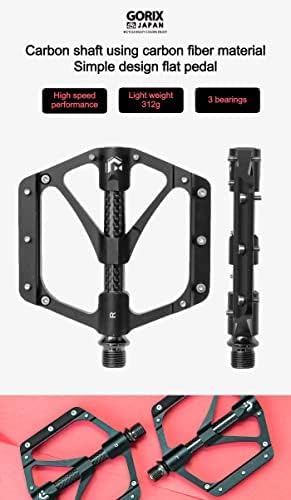 GORIX Bike Flat Pedals Wide CNC 3 Bbearings Carbon Fiber Center Tube Lightweight with Non-Slip Pin Spike Road Mountain MTB Bicycle (GX-FX356)