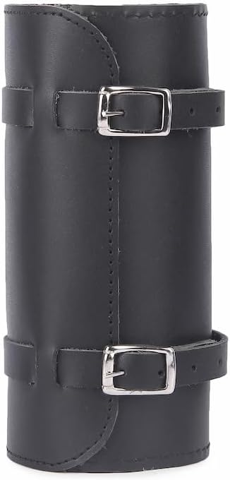 M RUFOUS Genuine Leather Under Seat Handlebar Bicycle Bag - Black/Black Stitch, Premium Handcrafted Bicycle Bag with Brass Buckle, Leather Bag for Cell Phone (Free Waterproof Cover)