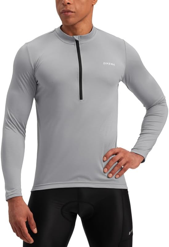 Bikewa Men's Cycling Jersey with 3+1 Rear Zipper Pockets Long Sleeve Moisture Wicking UPF 50+ Half Zip Riding Bike Shirts