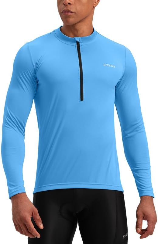 Bikewa Men's Cycling Jersey with 3+1 Rear Zipper Pockets Long Sleeve Moisture Wicking UPF 50+ Half Zip Riding Bike Shirts