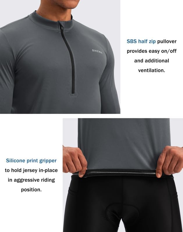 Bikewa Men's Cycling Jersey with 3+1 Rear Zipper Pockets Long Sleeve Moisture Wicking UPF 50+ Half Zip Riding Bike Shirts