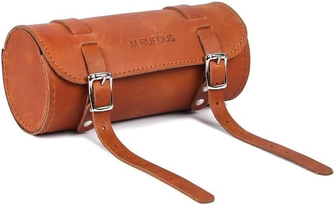 M RUFOUS Genuine Leather Under Seat Handlebar Bicycle Bag - Tan, Premium Handcrafted Bicycle Bag with Brass Buckle, Leather Bag for Cell Phone (Free Waterproof Cover)