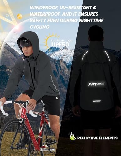 Nepest Cycling Rain Jacket Mens Waterproof Lightweight Packable Biking Windbreaker with Hood Raincoat for Running Hiking