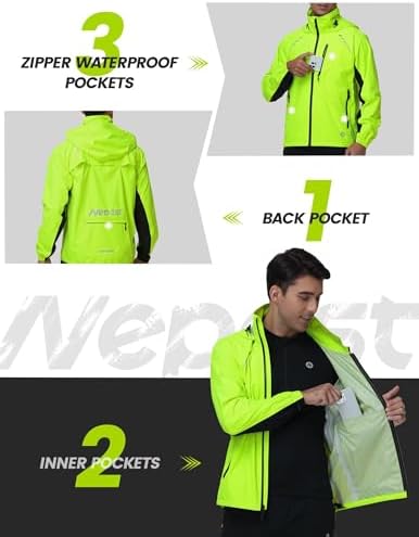 Nepest Cycling Rain Jacket Mens Waterproof Lightweight Packable Biking Windbreaker with Hood Raincoat for Running Hiking