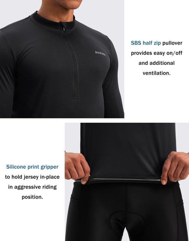 Bikewa Men's Cycling Jersey with 3+1 Rear Zipper Pockets Long Sleeve Moisture Wicking UPF 50+ Half Zip Riding Bike Shirts