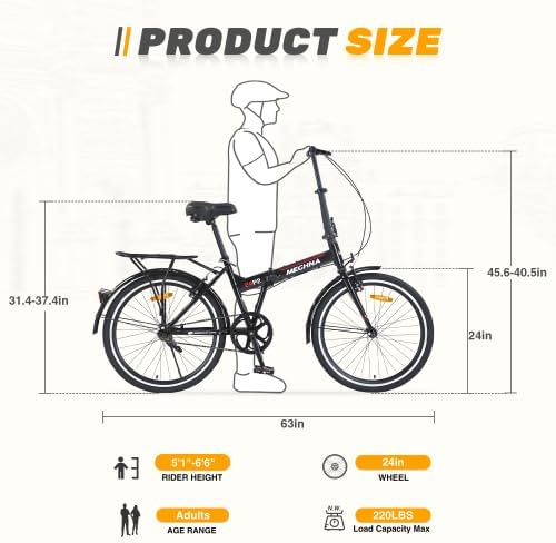 24 Inch Folding Bike for Adults with Fenders, Steel Frame Single Speed City Commuter, Dual V-Brake Portable Compact Bicycle for Men & Women