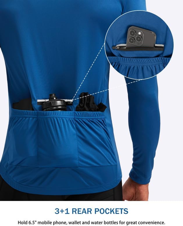 Bikewa Men's Cycling Jersey with 3+1 Rear Zipper Pockets Long Sleeve Moisture Wicking UPF 50+ Half Zip Riding Bike Shirts
