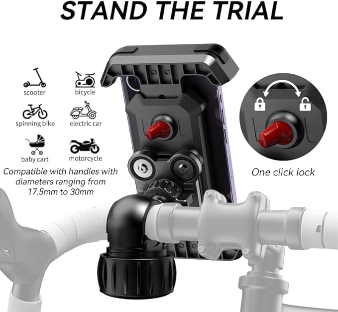 One-Hand Operation Bike Phone Holder 360° Rotation & Anti-Vibration Quick Release Holder for Motorcycle Scooter E-Bike Fits iPhone Samsung Google Pixel, Black (Upgraded version)