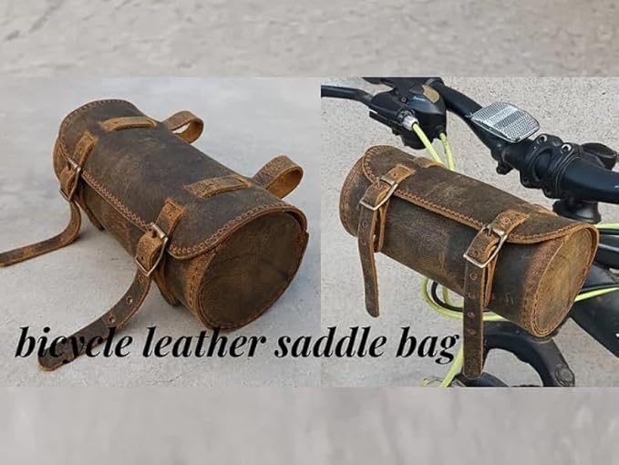 M RUFOUS Genuine Leather Under Seat Handlebar Bicycle Bag - Vintage Brown, Premium Handcrafted Bicycle Bag with Brass Buckle, Leather Bag for Cell Phone (Free Waterproof Cover)