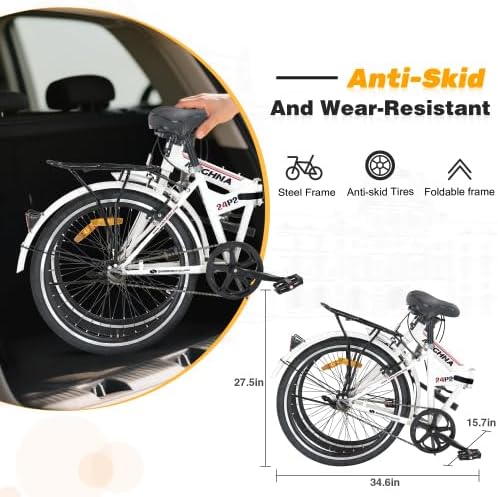 24 Inch Folding Bike for Adults with Fenders, Steel Frame Single Speed City Commuter, Dual V-Brake Portable Compact Bicycle for Men & Women