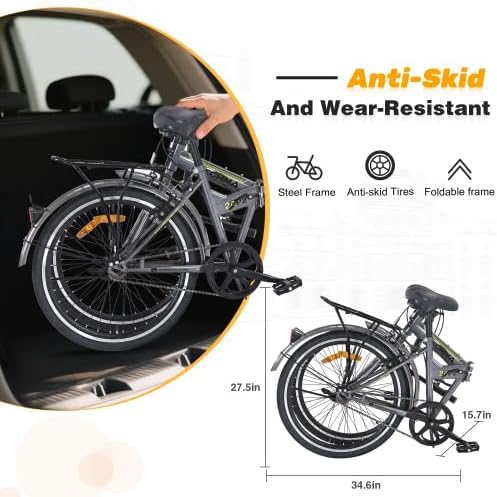 24 Inch Folding Bike for Adults with Fenders, Steel Frame Single Speed City Commuter, Dual V-Brake Portable Compact Bicycle for Men & Women