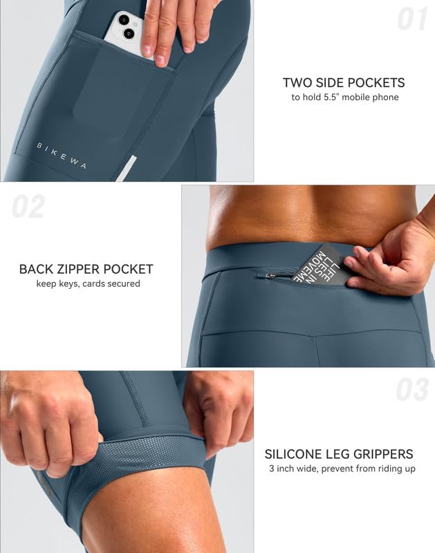 Bikewa Men's Bike Shorts 4D Padded Cycling Shorts for Men Road Riding Biking Bicycle Zipper Pockets