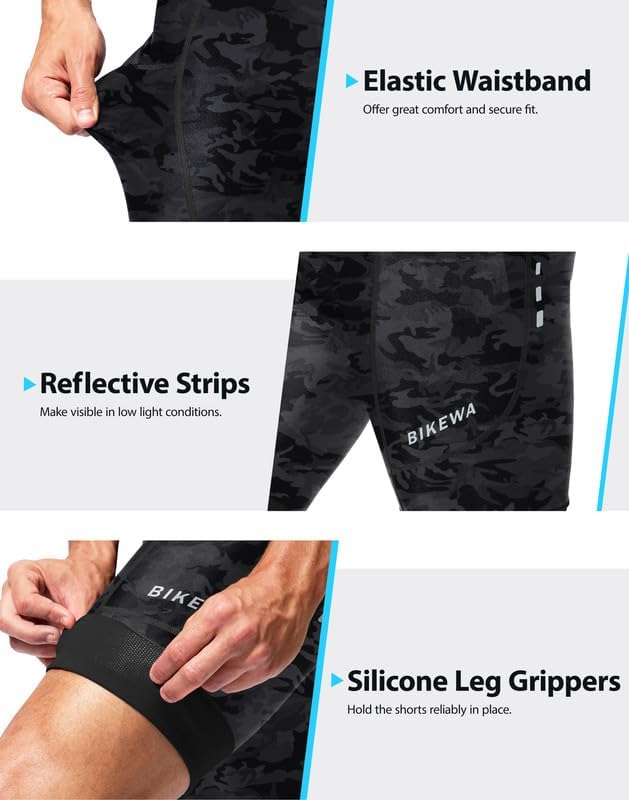 Bikewa Padded Bike Shorts for Men 4D Cycling Road Riding Biking Padding Bicycle Shorts with Phone Pockets