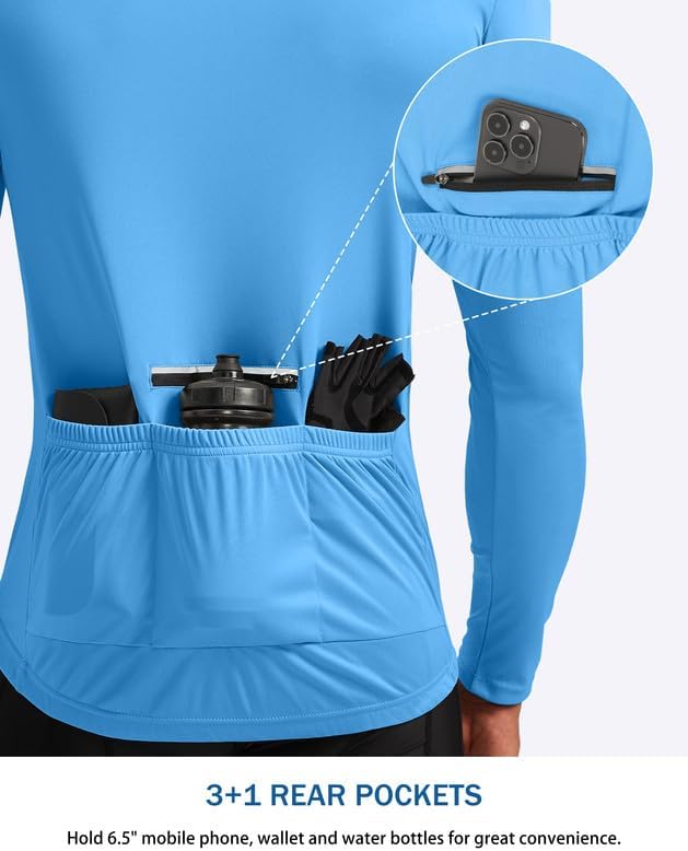 Bikewa Men's Cycling Jersey with 3+1 Rear Zipper Pockets Long Sleeve Moisture Wicking UPF 50+ Half Zip Riding Bike Shirts